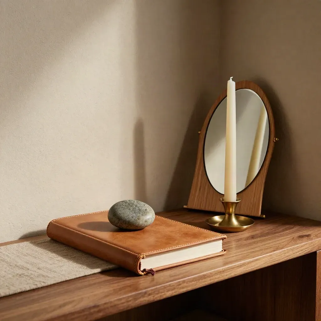 A confidence corner with a closed leather journal, worry stone, taper candle, and turned-away mirror.