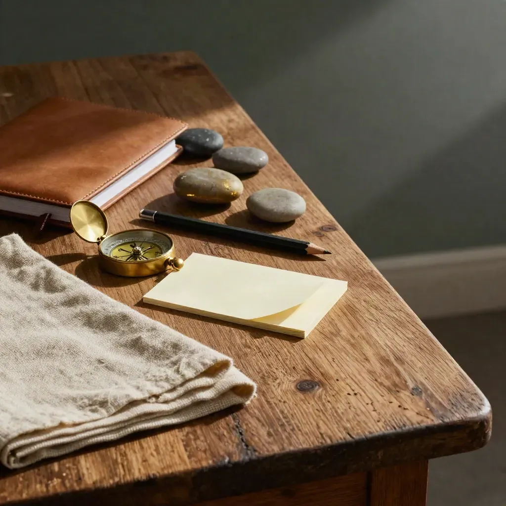 Moody coaching still life with compass, notebook, cards, pencil and stones on an oak table.