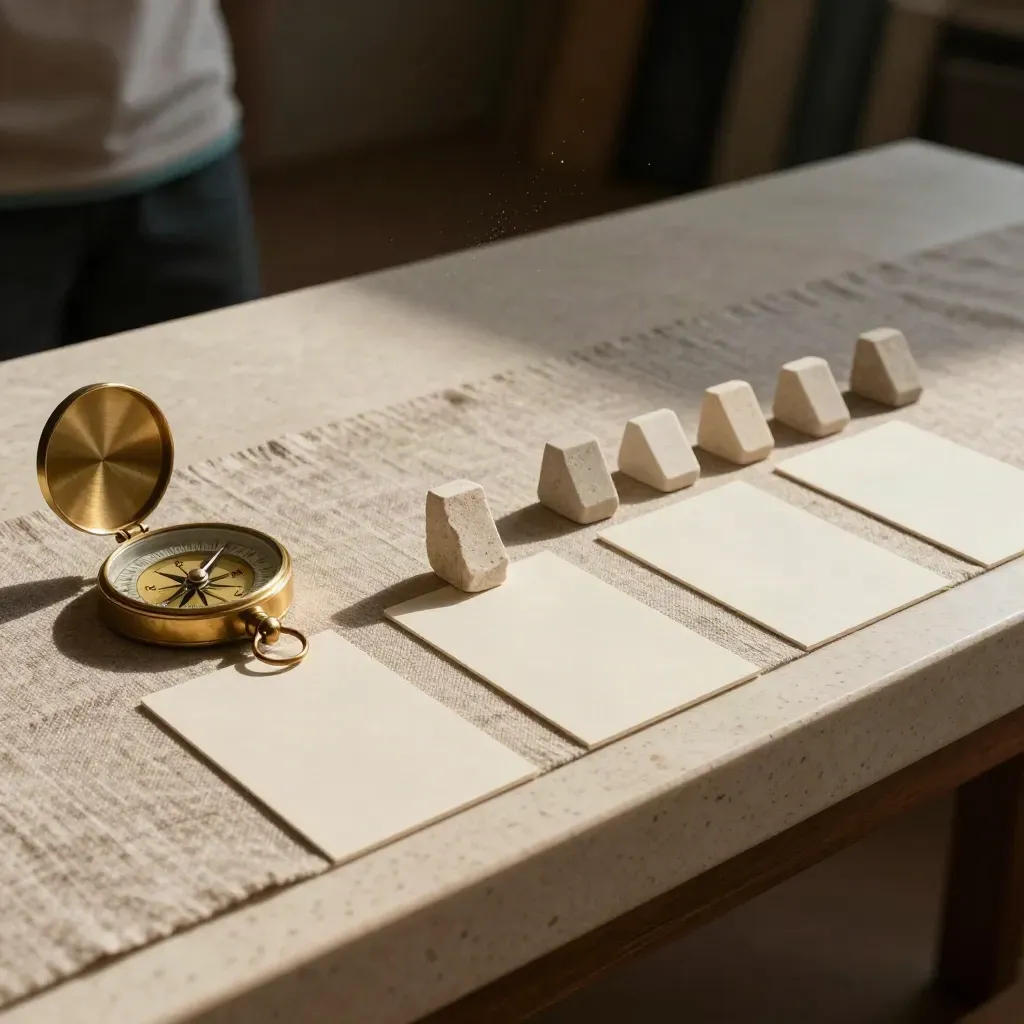 Brass compass and stone markers on a linen runner under soft light.
