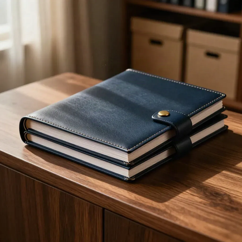 Two closed navy career-plan folios with brass hardware on a walnut surface in warm window light.