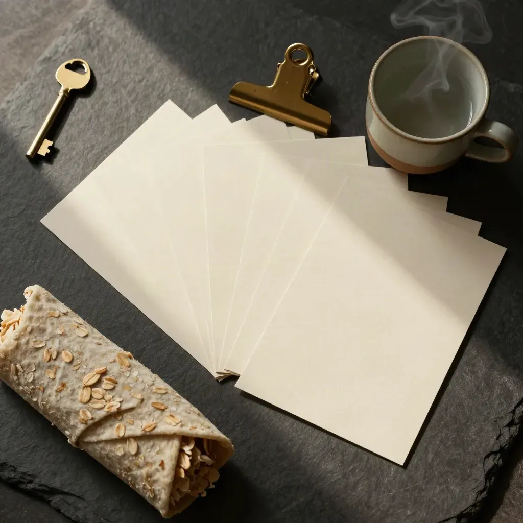 Top-down flatlay of blank prompt cards, ceramic cup, linen wrap and brass clip on slate.