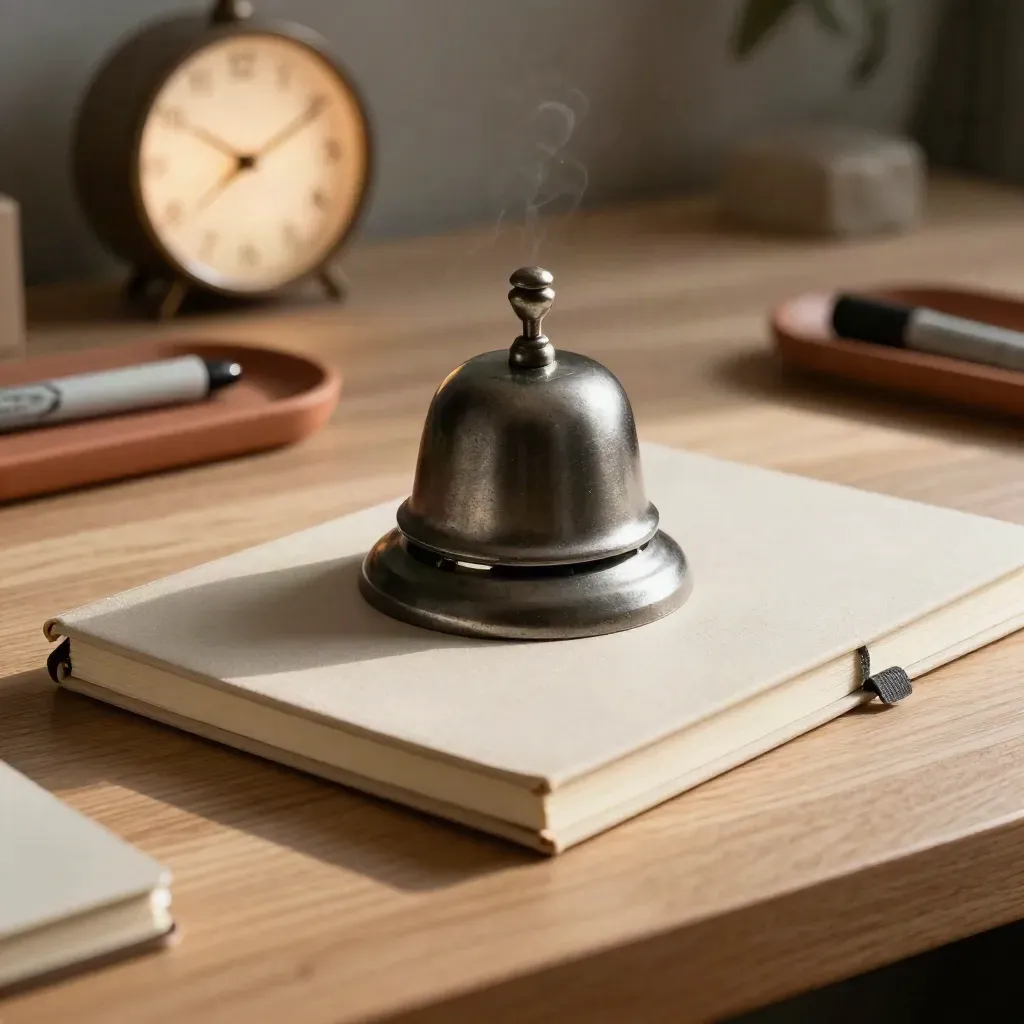 Warm still life of a task bell, clock, closed notebook, and stone marker on a tray.