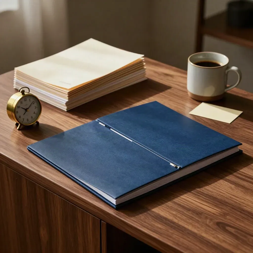 Overhead job-search folder, archived stacks, timer, and coffee ring on warm wood in morning light.