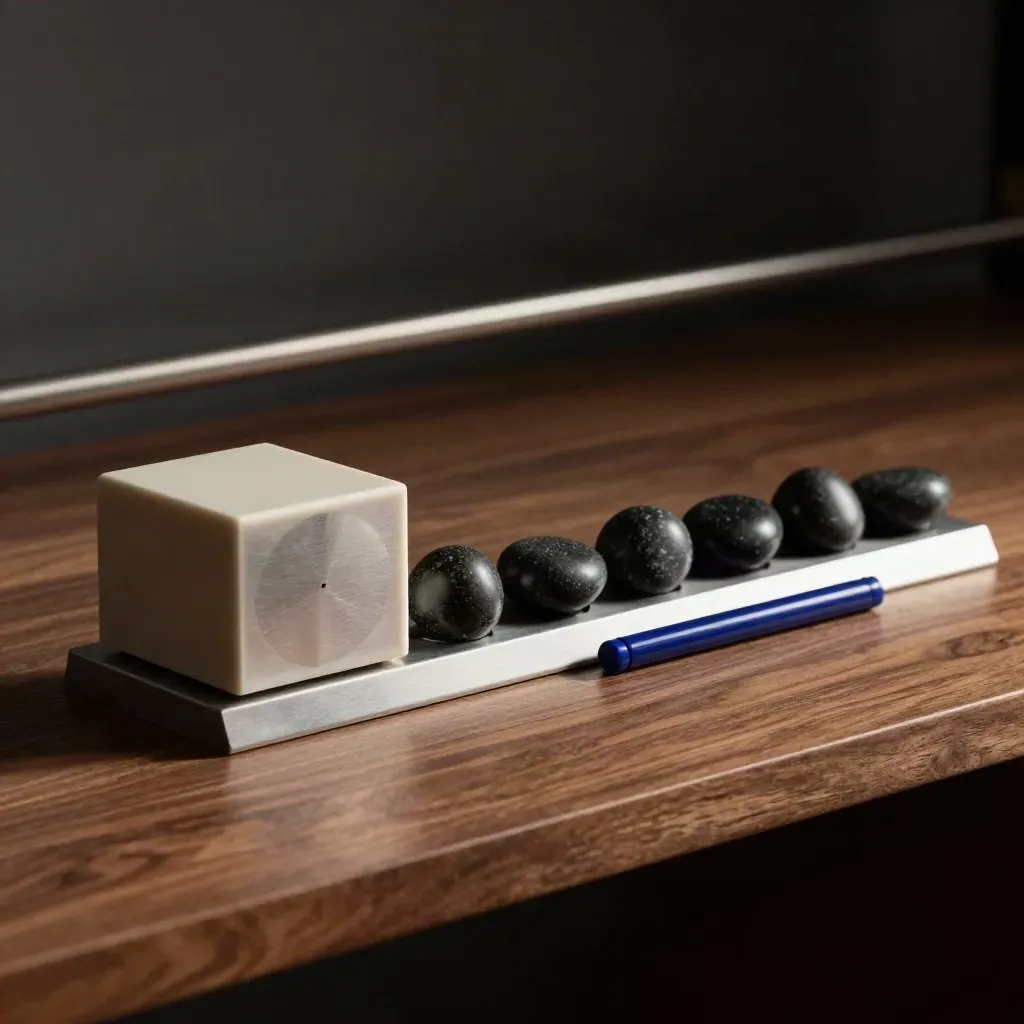 Brushed timer, basalt check stones, and metal task rail on a walnut shelf