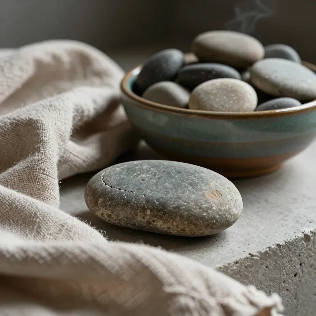 Worry stone, linen wrap, and pebble-filled bowl in dramatic close-up